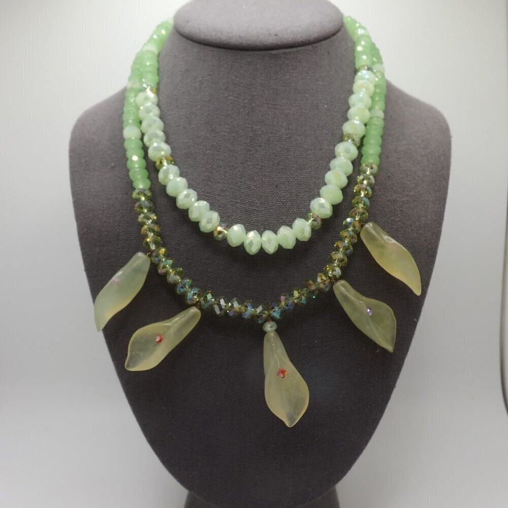 Hand-crafted Light Green Beaded Necklace, Art Glass Florals & Beads, 19 Inches